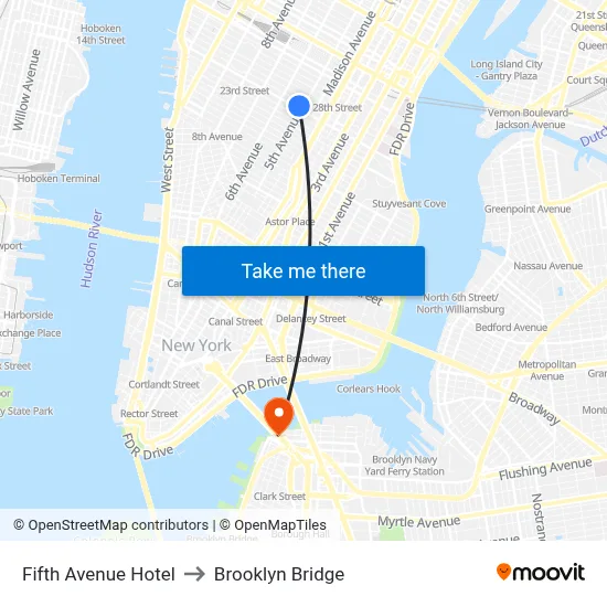 Fifth Avenue Hotel to Brooklyn Bridge map