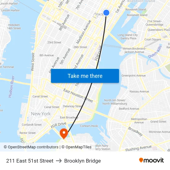211 East 51st Street to Brooklyn Bridge map