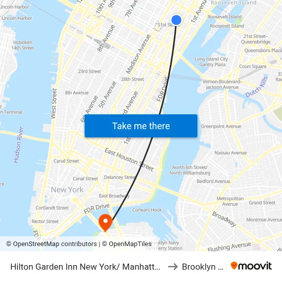 Hilton Garden Inn New York/ Manhattan Midtown East to Brooklyn Bridge map