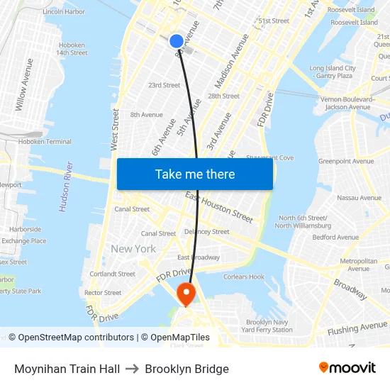 Moynihan Train Hall to Brooklyn Bridge map