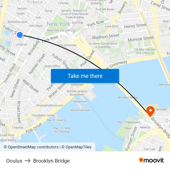Oculus to Brooklyn Bridge map
