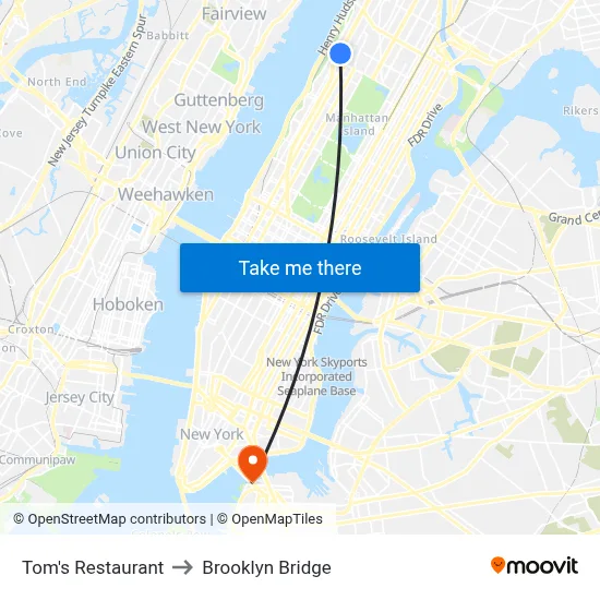 Tom's Restaurant to Brooklyn Bridge map