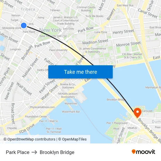Park Place to Brooklyn Bridge map