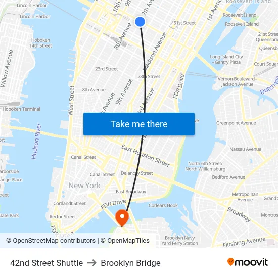42nd Street Shuttle to Brooklyn Bridge map