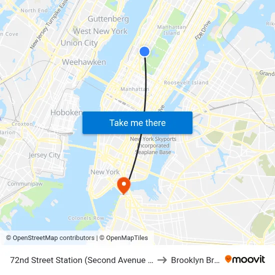 72nd Street Station (Second Avenue Subway) to Brooklyn Bridge map