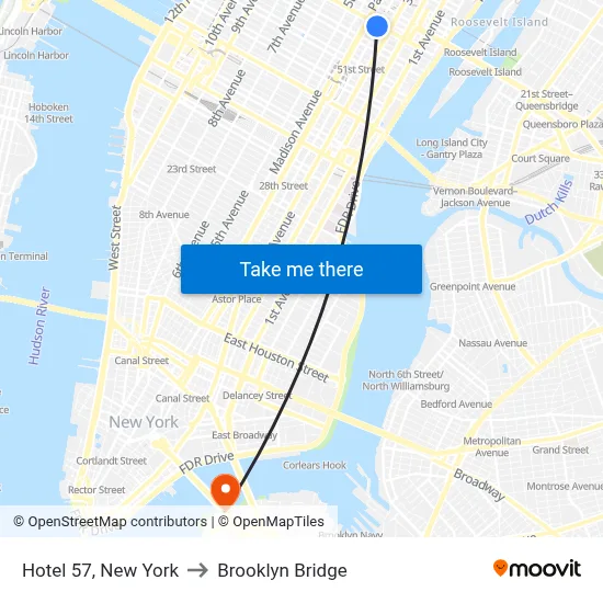 Hotel 57, New York to Brooklyn Bridge map