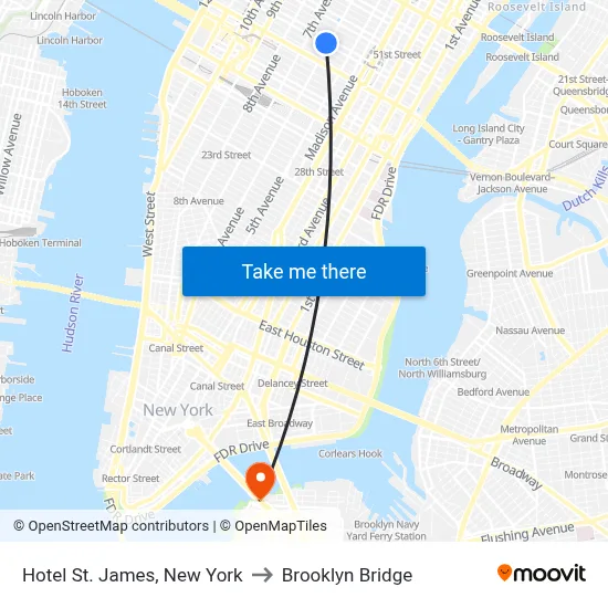 Hotel St. James, New York to Brooklyn Bridge map