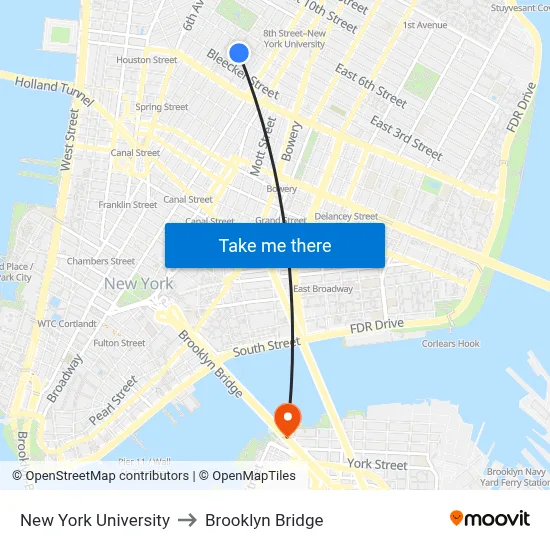 New York University to Brooklyn Bridge map