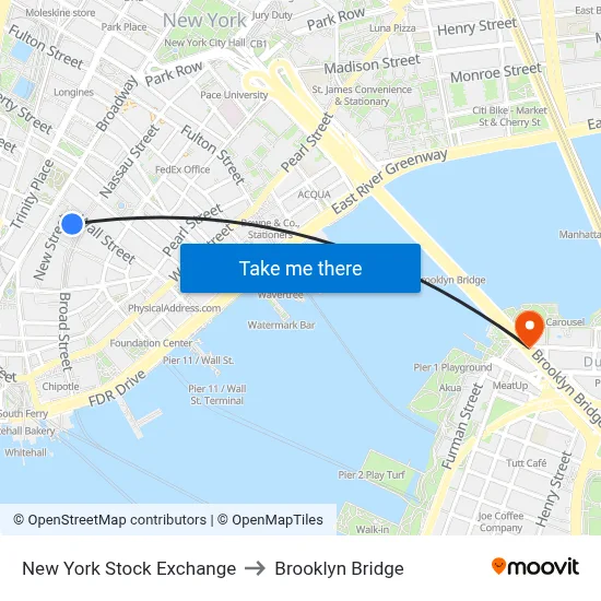 New York Stock Exchange to Brooklyn Bridge map