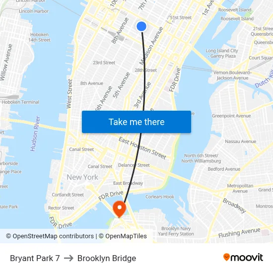 Bryant Park 7 to Brooklyn Bridge map