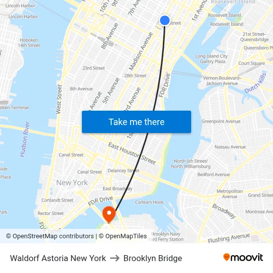 Waldorf Astoria New York to Brooklyn Bridge map