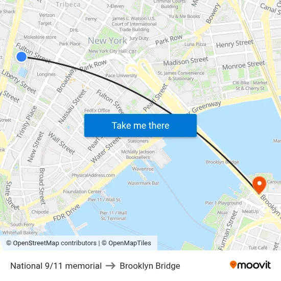 National 9/11 memorial to Brooklyn Bridge map