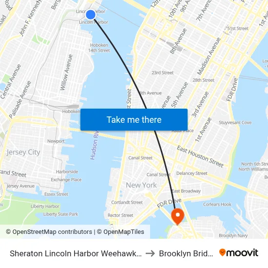 Sheraton Lincoln Harbor Weehawken to Brooklyn Bridge map