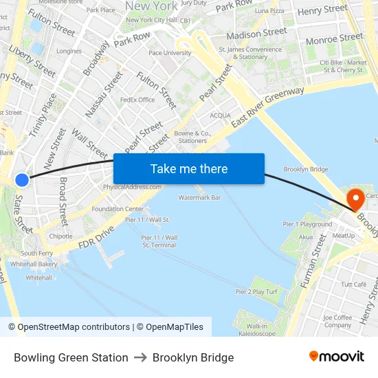 Bowling Green Station to Brooklyn Bridge map