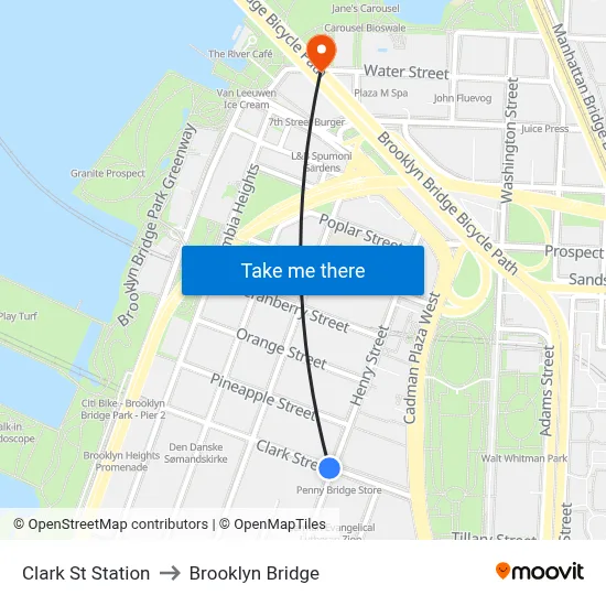 Clark St Station to Brooklyn Bridge map