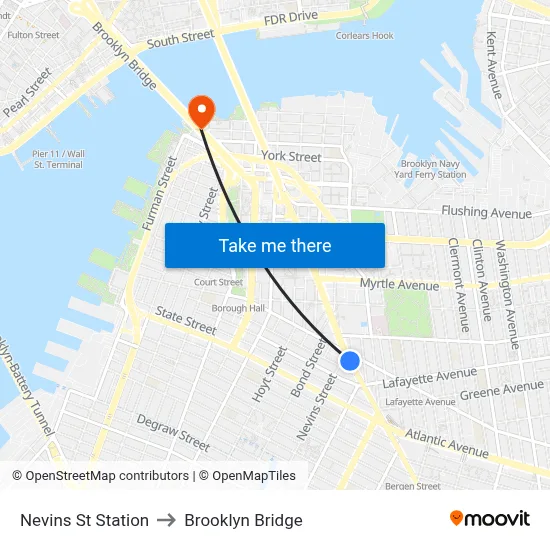 Nevins St Station to Brooklyn Bridge map
