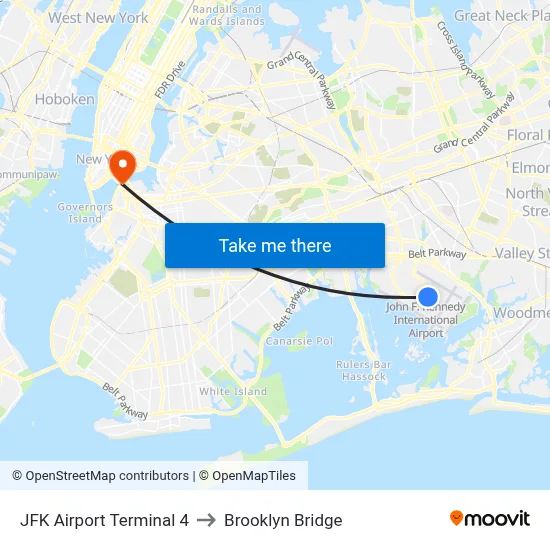JFK Airport Terminal 4 to Brooklyn Bridge map