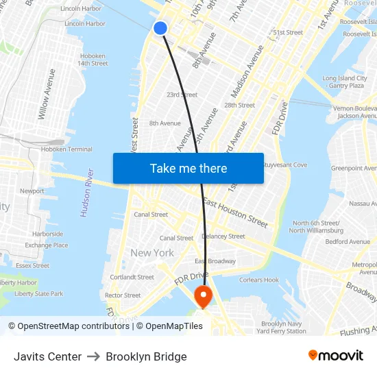 Javits Center to Brooklyn Bridge map
