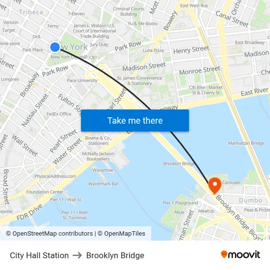 City Hall Station to Brooklyn Bridge map
