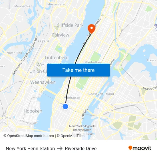 New York Penn Station to Riverside Drive map
