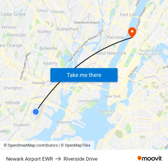 Newark Airport EWR to Riverside Drive map
