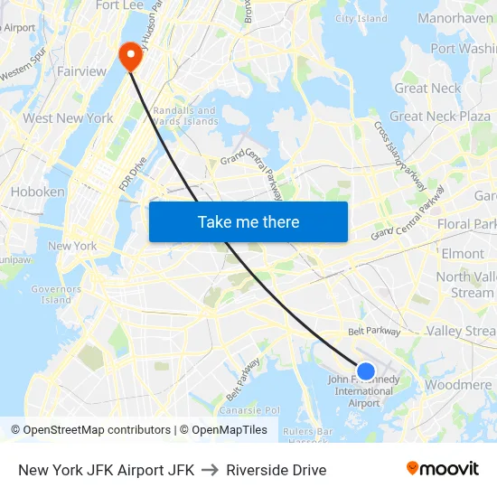 New York JFK Airport JFK to Riverside Drive map
