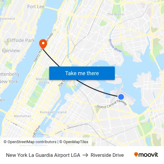 New York La Guardia Airport LGA to Riverside Drive map