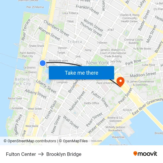 Fulton Center, New York, NY 10007 to Brooklyn Bridge map