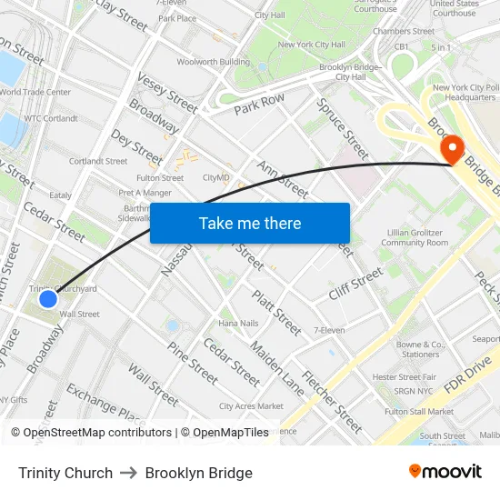 Trinity Church to Brooklyn Bridge map