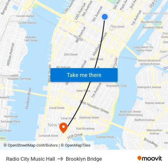 Radio City Music Hall to Brooklyn Bridge map