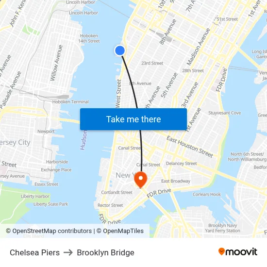 Chelsea Piers to Brooklyn Bridge map