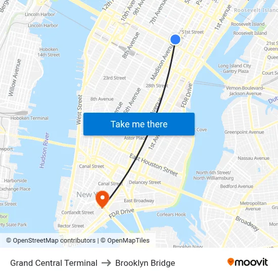 Grand Central Terminal to Brooklyn Bridge map