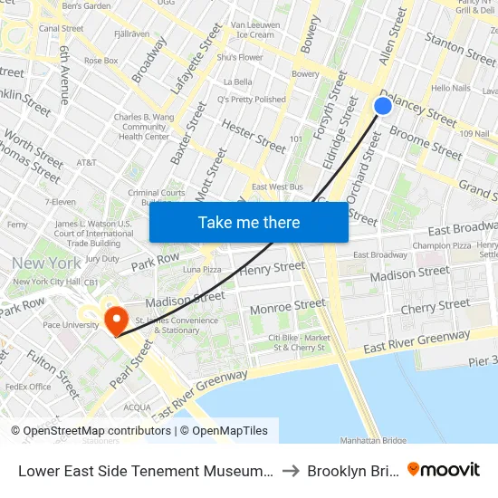 Lower East Side Tenement Museum Offices to Brooklyn Bridge map