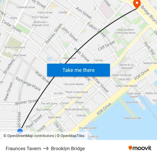 Fraunces Tavern to Brooklyn Bridge map
