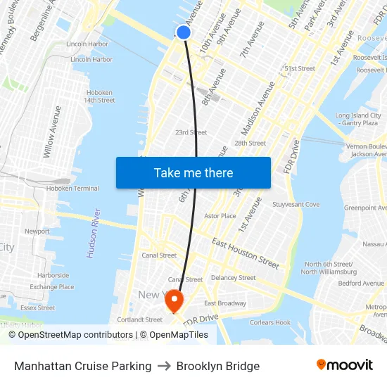 Manhattan Cruise Parking to Brooklyn Bridge map