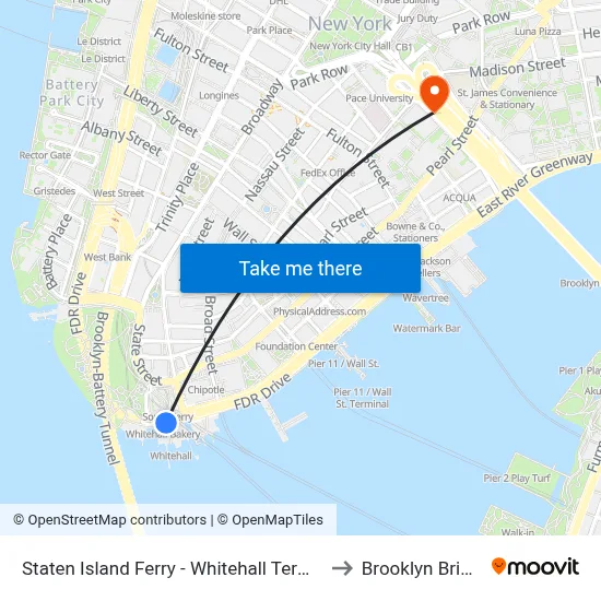 Staten Island Ferry - Whitehall Terminal to Brooklyn Bridge map