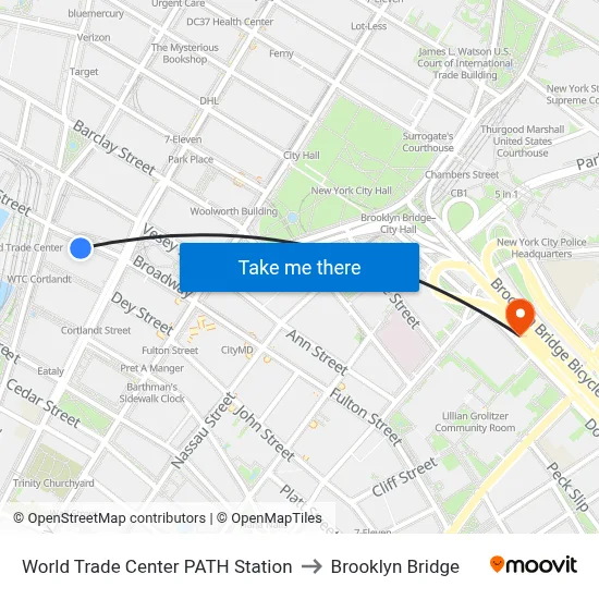 World Trade Center PATH Station to Brooklyn Bridge map