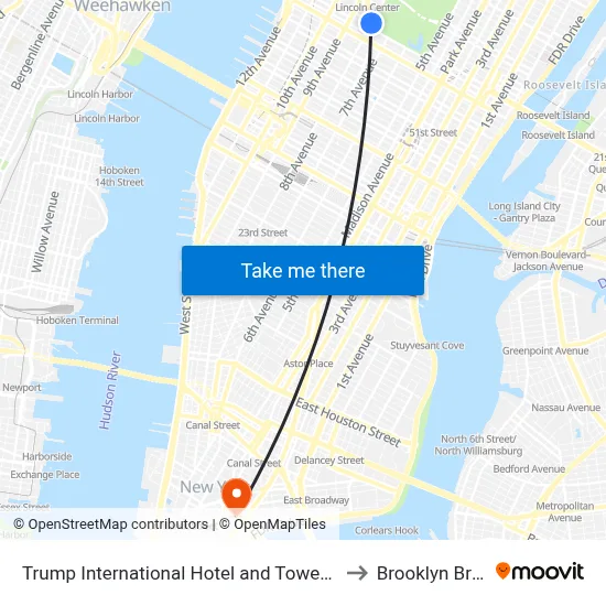 Trump International Hotel and Tower NY USA to Brooklyn Bridge map