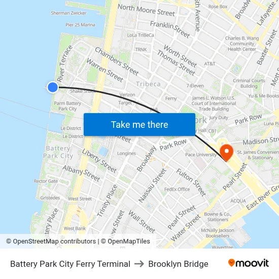 Battery Park City Ferry Terminal to Brooklyn Bridge map