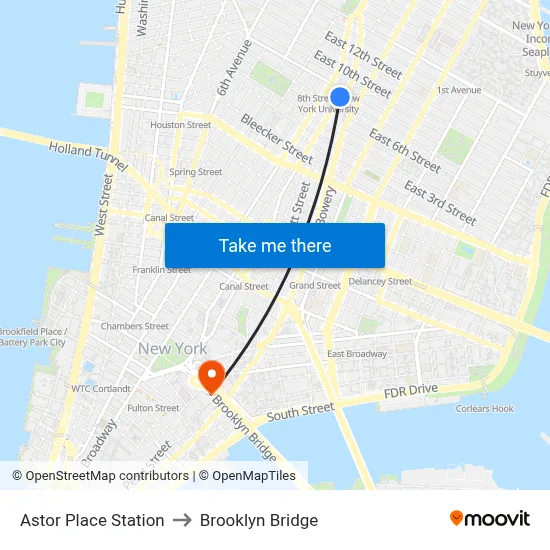 Astor Place Station to Brooklyn Bridge map