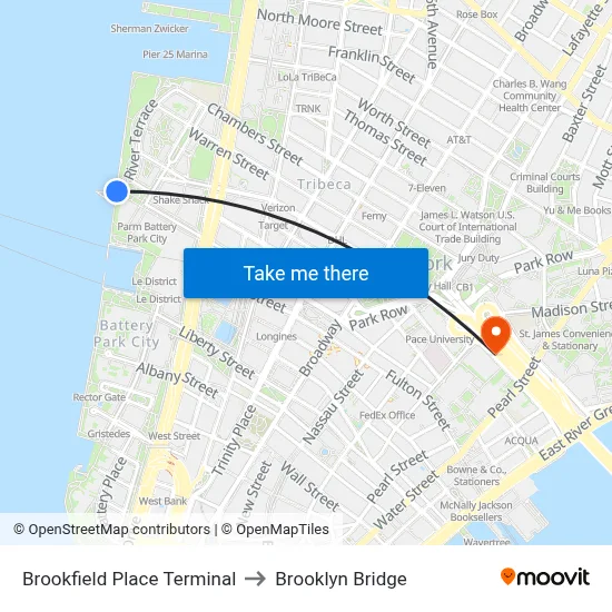 Brookfield Place Terminal to Brooklyn Bridge map