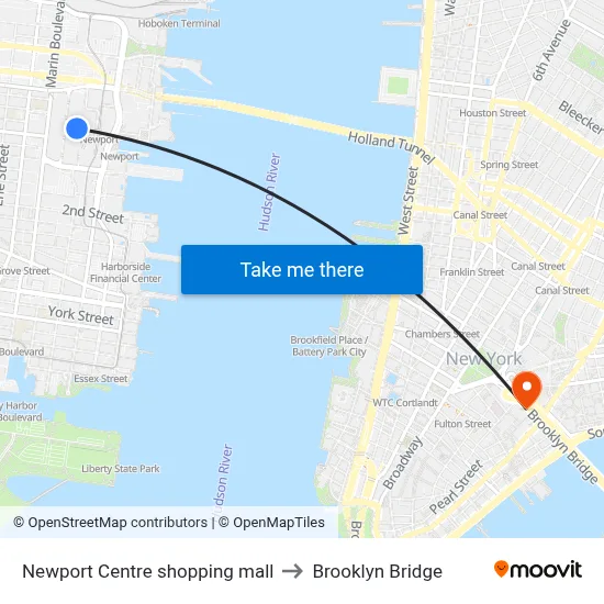 Newport Centre shopping mall to Brooklyn Bridge map