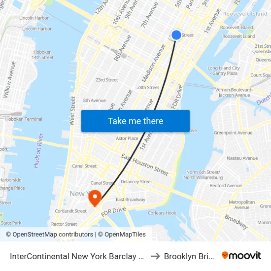 InterContinental New York Barclay Hotel to Brooklyn Bridge map