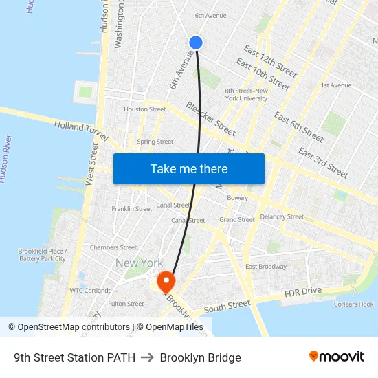 9th Street Station PATH to Brooklyn Bridge map