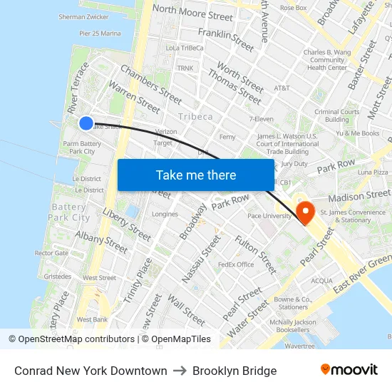 Conrad New York Downtown to Brooklyn Bridge map