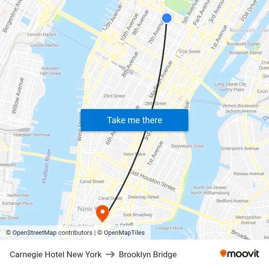 Carnegie Hotel New York to Brooklyn Bridge map
