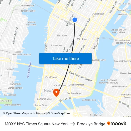 MOXY NYC Times Square New York to Brooklyn Bridge map
