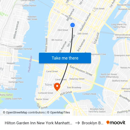 Hilton Garden Inn New York Manhattan Chelsea to Brooklyn Bridge map