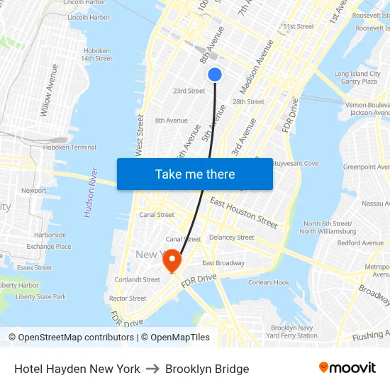 Hotel Hayden New York to Brooklyn Bridge map