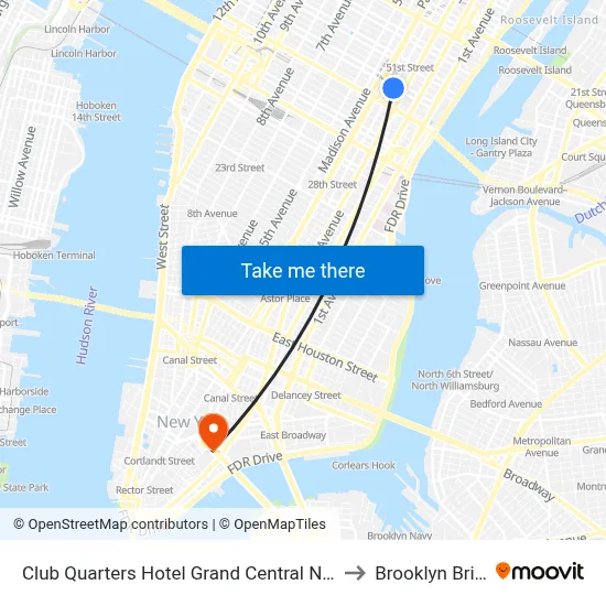 Club Quarters Hotel Grand Central New York to Brooklyn Bridge map